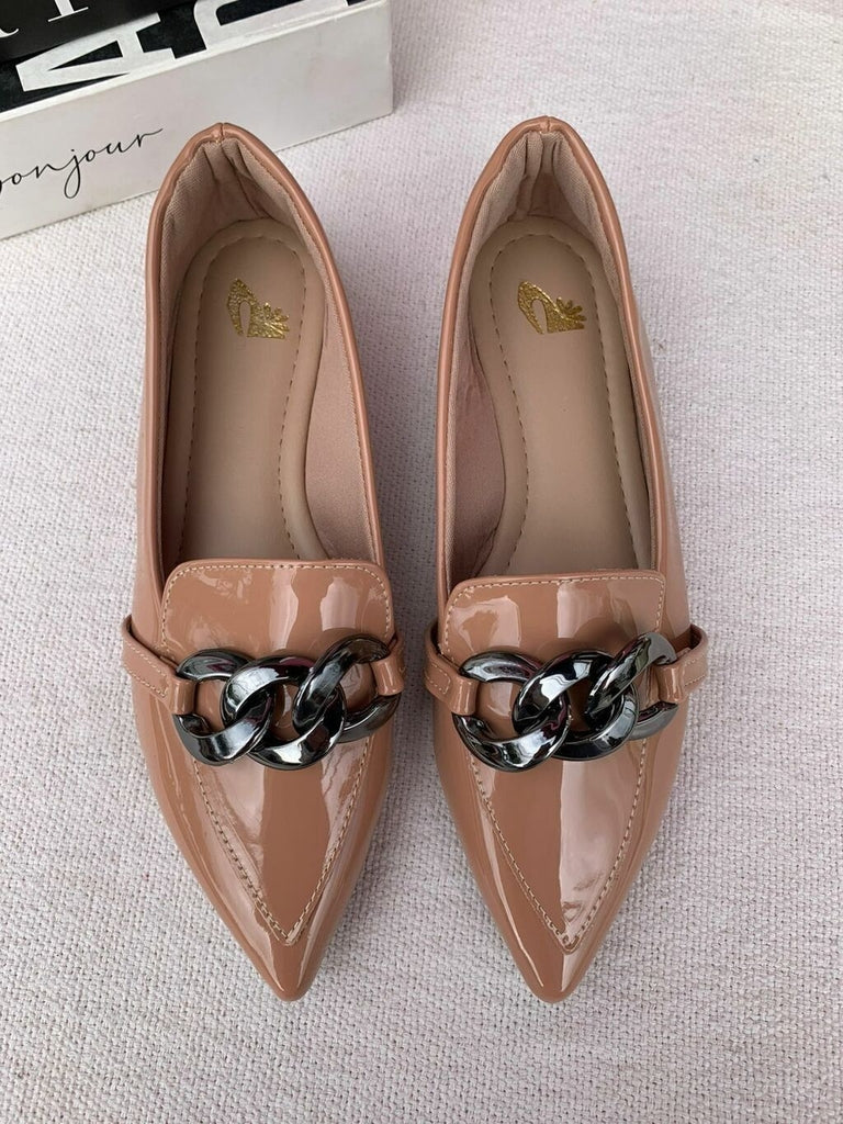 Mocassim Alongado Nude Com Corrente